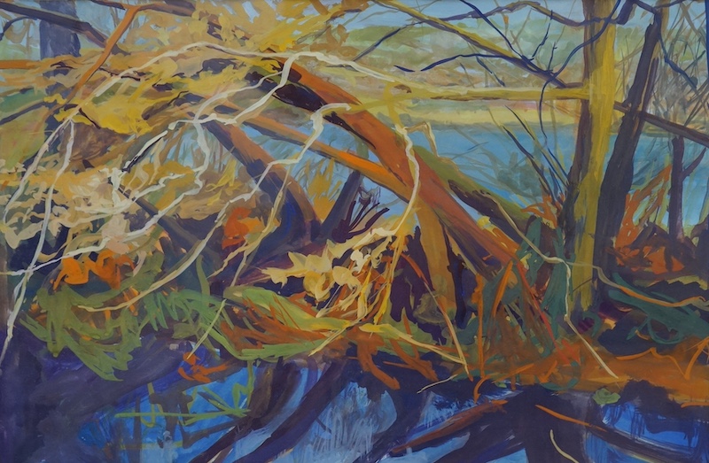 Diana A. Pitman, oil on paper, ‘Orange and blue, early spring’, unsigned, label verso, 37 x 58cm. Condition - good